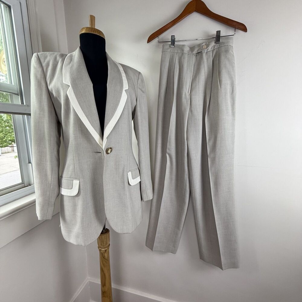 Vintage 90s Tan Beige Power Suit Set | High Waisted Trousers Shawl Collar, 6